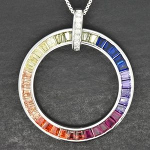 925 Silver Rainbow Sapphire Round Pendant Necklace
